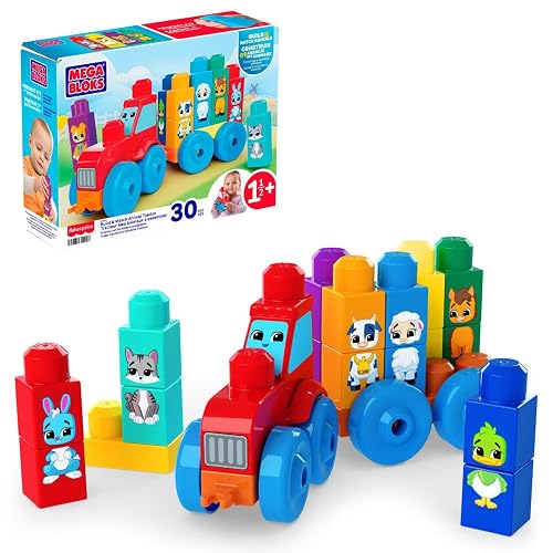 Mega Bloks, Tractor Animalitos Arma y Combina, con Bloques Grandes y Personajes de Granja, para niños de 1 año y Medio en adelante