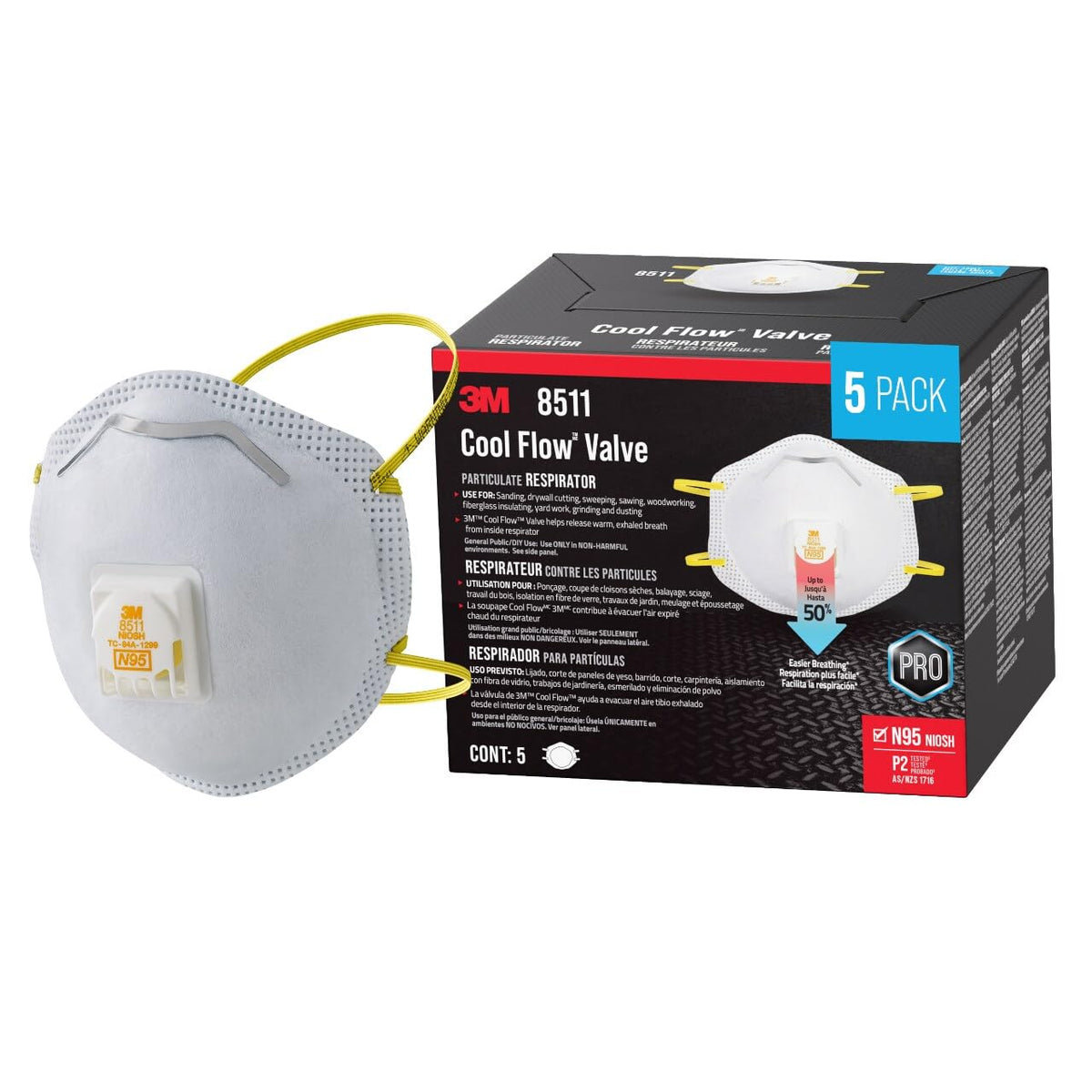 3M Respirador N95 8511 con Válvula de Exhalación - 1 count - Esmerilado y fibra de vidrio