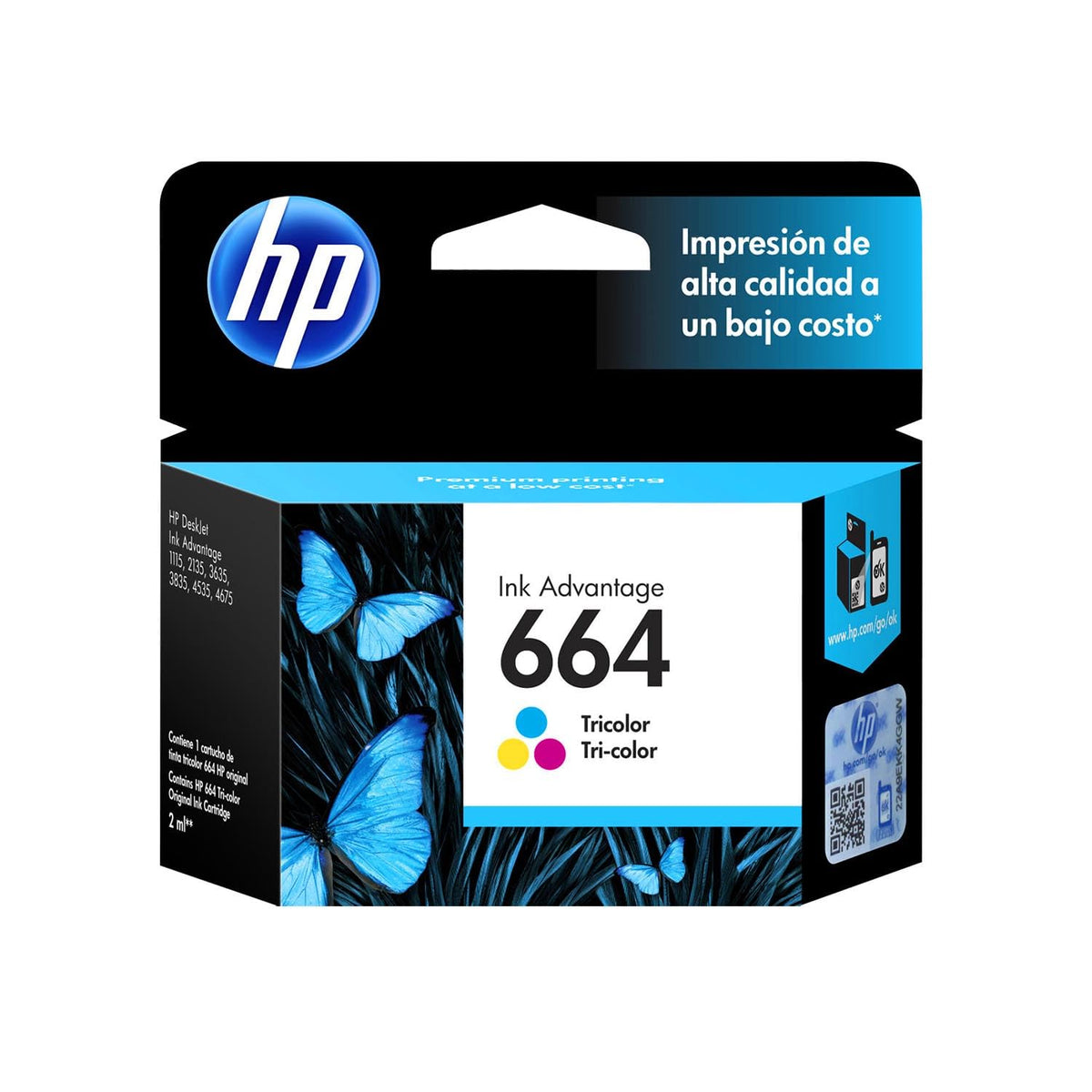 HP Cartucho de Tinta 664 Tricolor Original, Compatibilidad con Impresoras Deskjet 4535, 4675, 3835, 1115, 2135, 3635, 2675, 3775, 3785, 3787, 3789, Rendimiento hasta 100 páginas (F6V28AL)