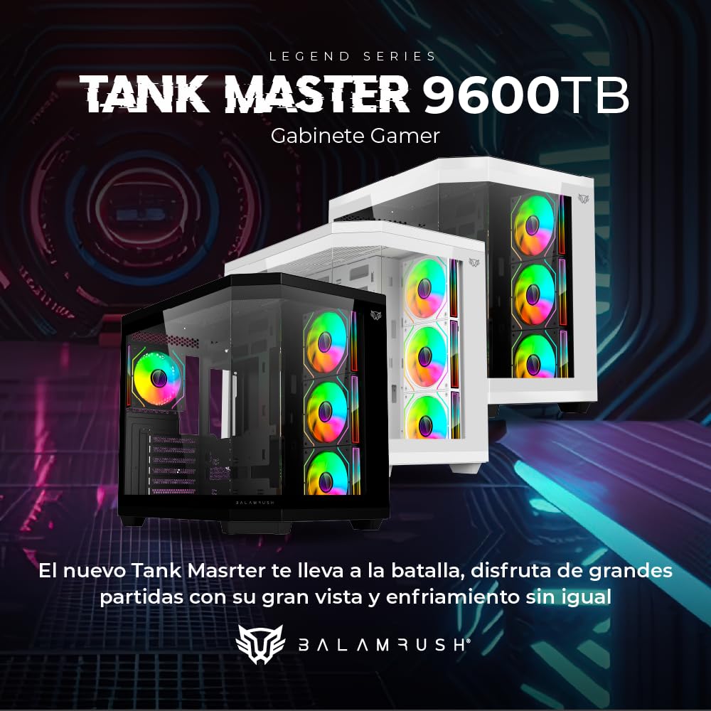 Balam Rush Gabinete Gamer Media Torre Tank Master 9600 TB/MAX MB ATX/GPU 410 mm/USB C + USB 3.0 + USB + Audio + 4xFan ARGB/Paneles de Cristal/Legend (Blanco)