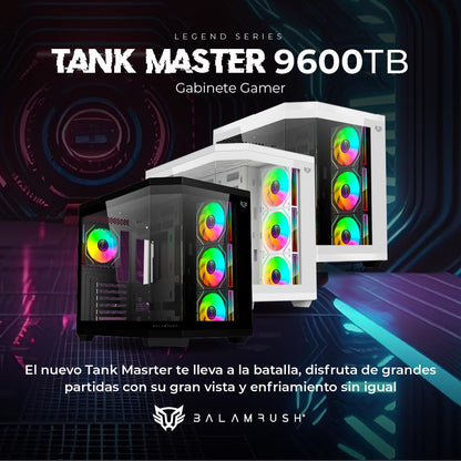 Balam Rush Gabinete Gamer Media Torre Tank Master 9600 TB/MAX MB ATX/GPU 410 mm/USB C + USB 3.0 + USB + Audio + 4xFan ARGB/Paneles de Cristal/Legend (Blanco)