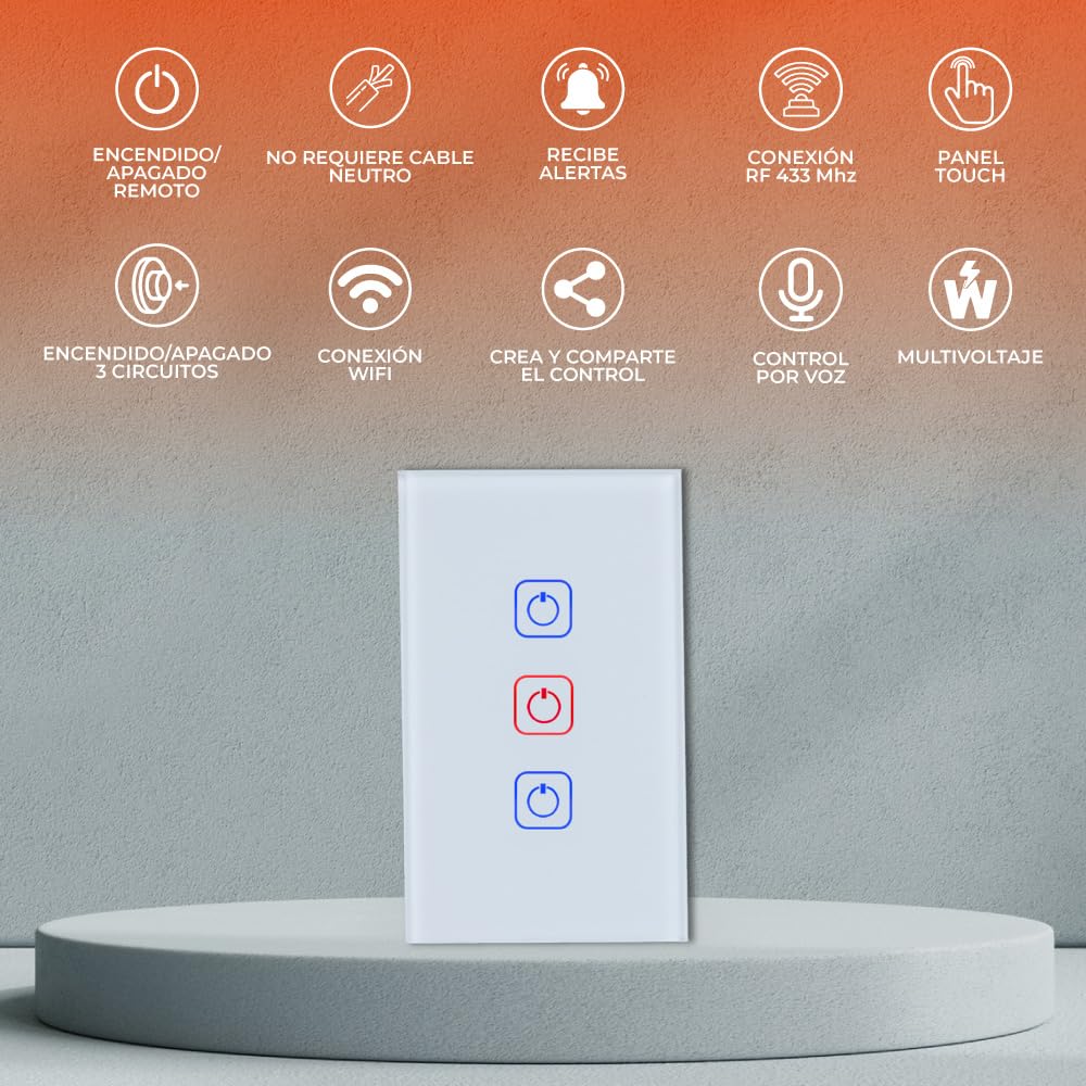 Tecnolite Connect - Apagador Inteligente Táctil WiFi 3 Circuitos, Sin Cable Neutro, Compatible con App móvil, Alexa, Google y Siri, Interruptor Inteligente