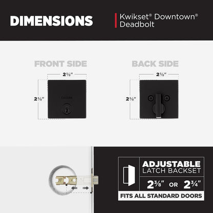 Kwikset - Cerradura de cerrojo del centro de la ciudad, puerta de entrada frontal con llave, color negro mate, resistente a la selección, seguridad SmartKey Rekey, tornillo muerto de un solo cilindro,