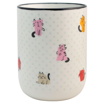 Tarro con borde negro con tematica de gatitos capacidad 620ml, taza para cafe, té, leche.