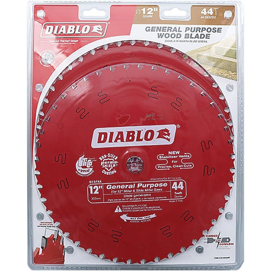Diablo D124444VP - Hoja de Sierra Circular de carburo de Uso General con Revestimiento Antiadherente Perma-Shield - Ideal para proyectos de Corte Cruzado o Rasgado - 12 Pulgadas x 44 Dientes, Paquete