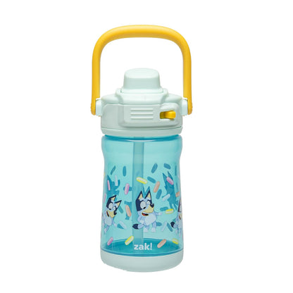 Zak Designs Bluey Beacon - Botella de agua para niños para viajes o en casa, plástico de 12 onzas es duradera y a prueba de fugas con boquilla de bloqueo de líquido, cubierta, asa de transporte, base - Azul