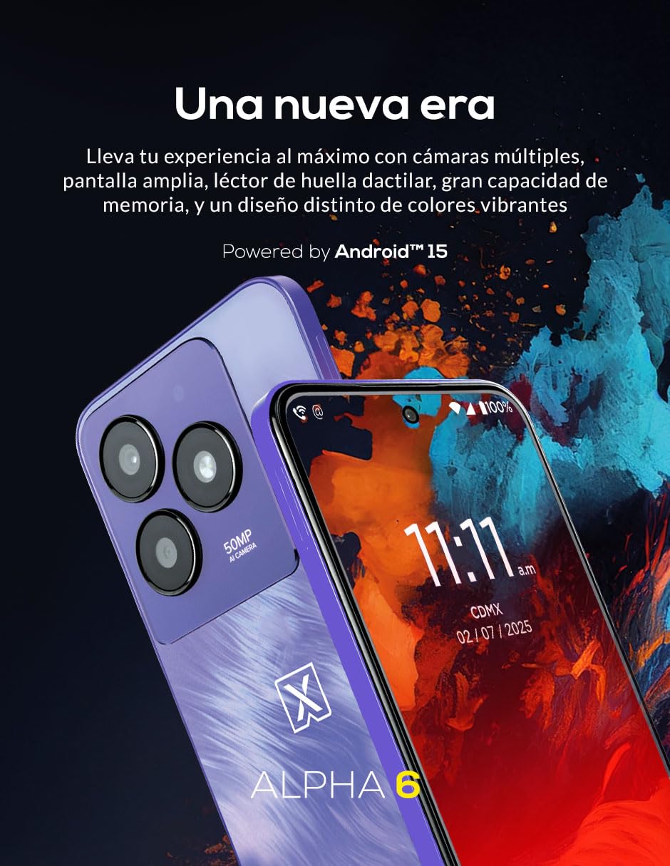 Lanix Alpha 6 Morado + XPocket, Smartphone, 6.67" HD+, 256GB, 8GB RAM, UNISOC T606, Android 15, 50MP, 5000mAh