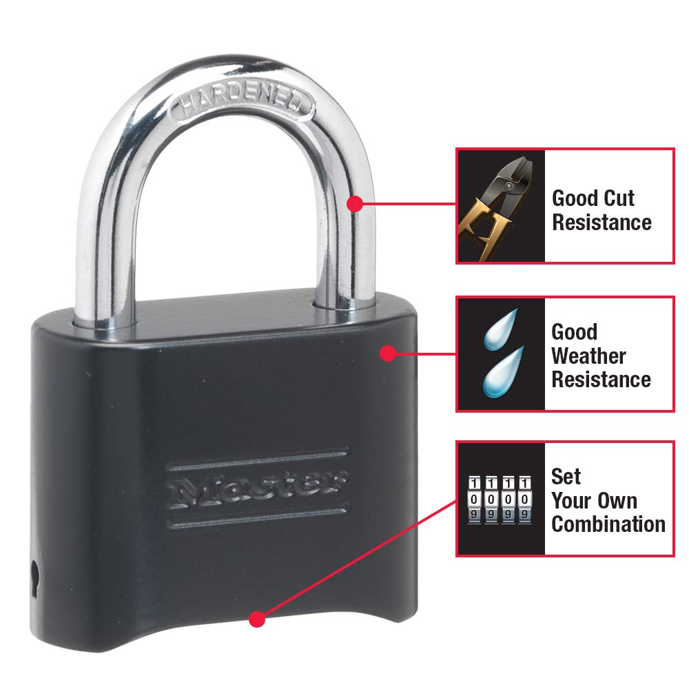 Master Lock - Candado de combinación negro, configura tu propio candado combinado, resistente a la intemperie para interiores y exteriores con código para clóset de gimnasio, puerta, cobertizo,