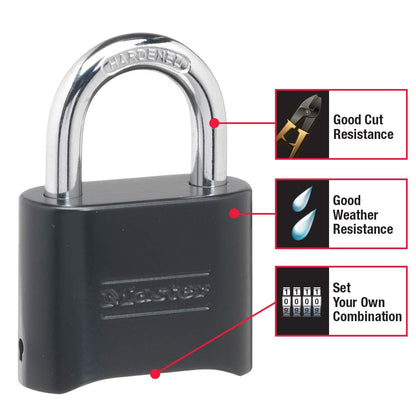 Master Lock - Candado de combinación negro, configura tu propio candado combinado, resistente a la intemperie para interiores y exteriores con código para clóset de gimnasio, puerta, cobertizo,