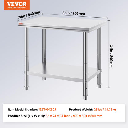 VEVOR - Mesa de Trabajo de Metal Resistente de Acero Inoxidable de 24 x 36 x 32 Pulgadas con Patas Ajustables para Restaurante, hogar y Hotel: Industrial y científico