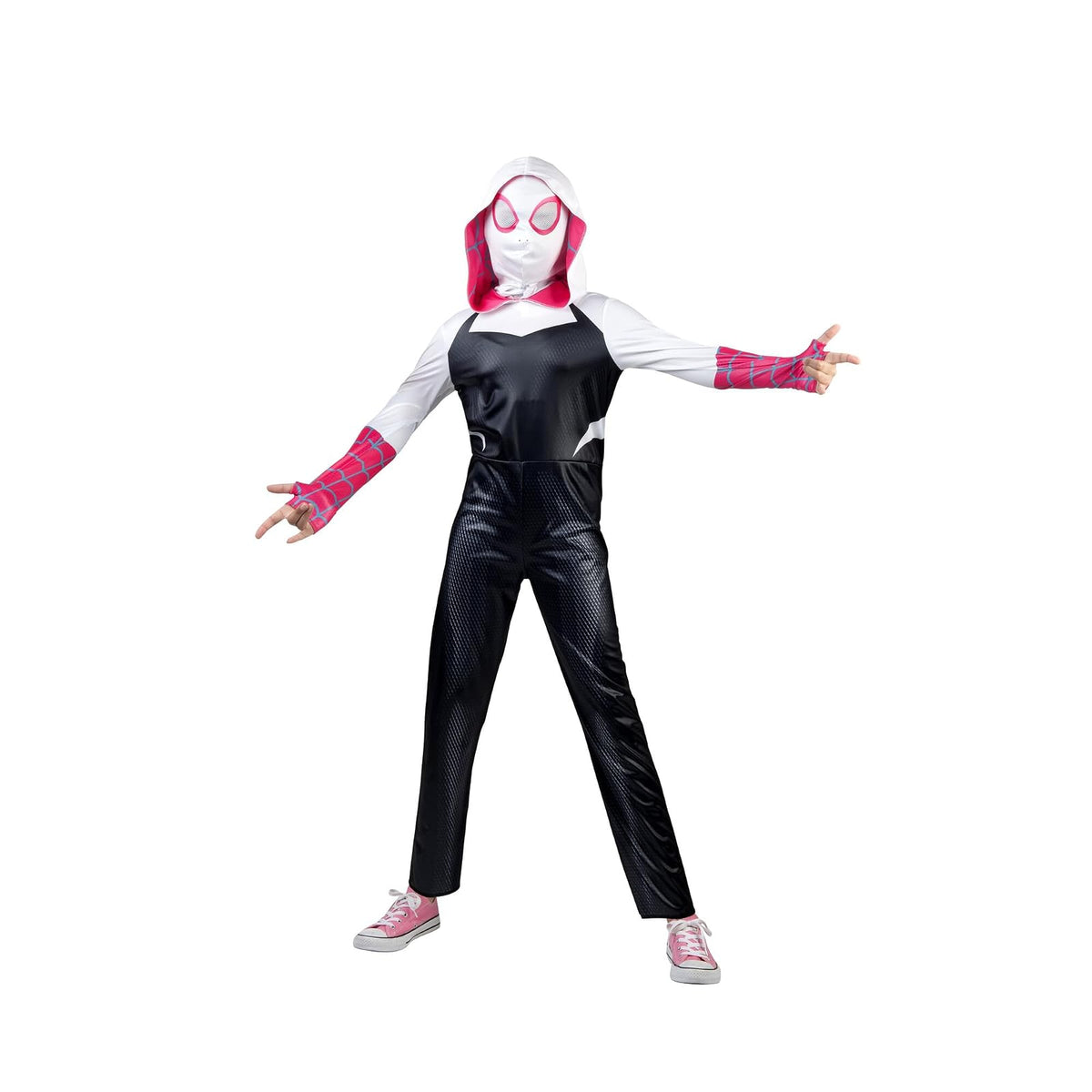 MARVEL Spider-Gwen Official Youth Halloween Costume - Premium Quality Hooded Jumpsuit with Pull On Fabric Mask