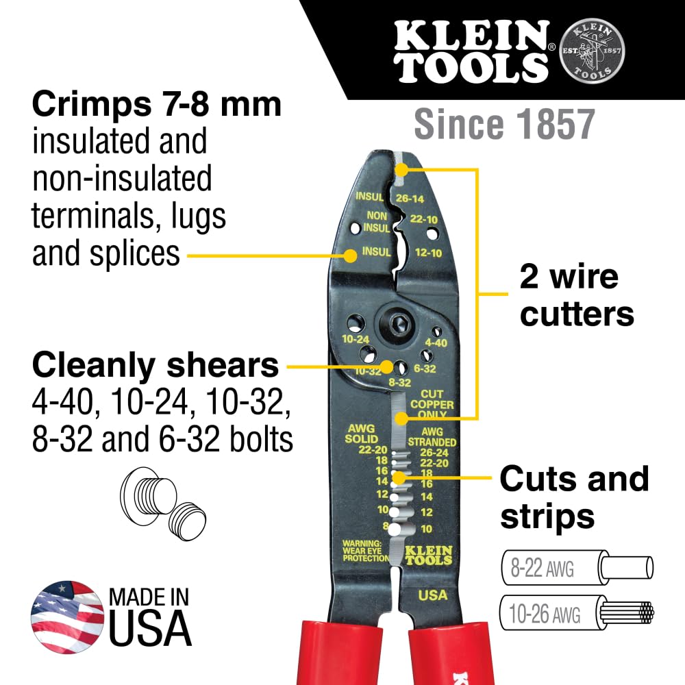 KLEIN TOOLS 1001 | Pinza Multiusos 6 en 1 para Electricista | Acero Forjado de Alta Resistencia | Compatible con Cable Sólido de 8-22 AWG y Cable Trenzado de 10-26 AWG | Color Rojo