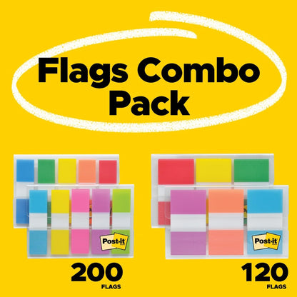 Post-it Flags Combo Pack, 4 On-The-Go Dispensers/Pack, 120 .94 in Wide and 200 .47 in Wide Flags, Assorted Colors