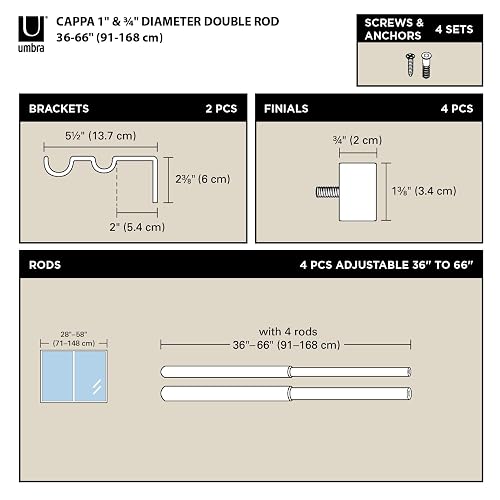 Umbra Cappa Cortinero Doble Ajustable para Sala y Recámara, 91-168 cm, Incluye Accesorios de Instalación, Negro
