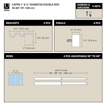 Umbra Cappa Cortinero Doble Ajustable para Sala y Recámara, 91-168 cm, Incluye Accesorios de Instalación, Negro