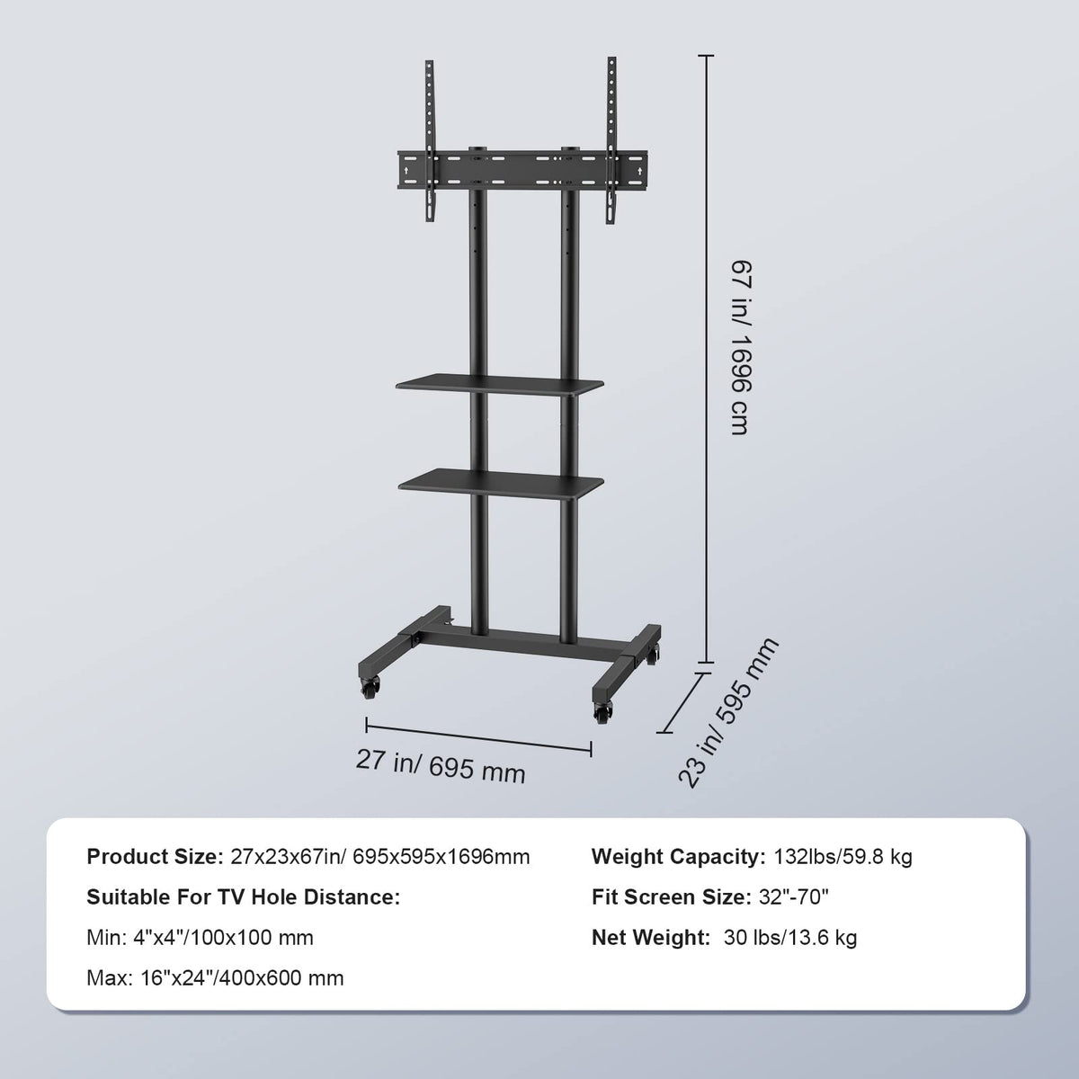 VEVOR - Soporte de TV móvil, Carrito de TV móvil para televisores de 32 a 70 Pulgadas, Soporte de TV portátil de Altura Ajustable con Ruedas, Bandeja Doble para Dispositivos audiovisuales, Soporte de