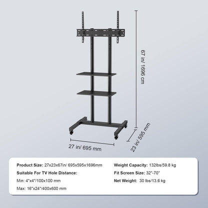VEVOR - Soporte de TV móvil, Carrito de TV móvil para televisores de 32 a 70 Pulgadas, Soporte de TV portátil de Altura Ajustable con Ruedas, Bandeja Doble para Dispositivos audiovisuales, Soporte de