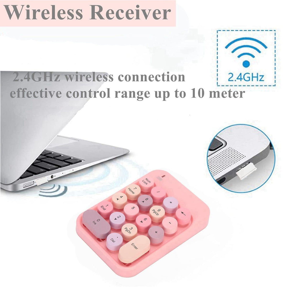 Teclado numérico de 2,4 G, extensiones de teclado de teclado numérico multifunción inalámbricas delgadas de 18 teclas, tecla de chocolate, para computadora portátil/escritorio/PC/portátil (rosa)