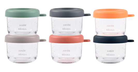 BEABA - Paquete de 6 tarros de vidrio para alimentos para bebés con tapas herméticas de silicona suave, recipientes de almacenamiento de vidrio de 5 onzas con tapas, recipientes seguros para