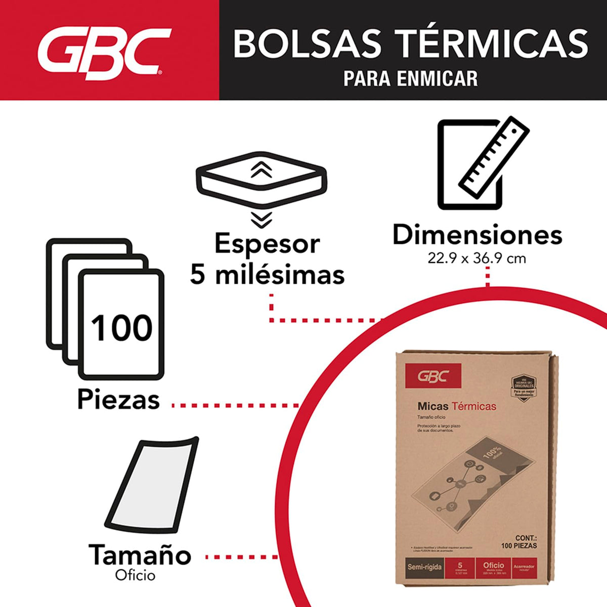 GBC Mica Térmica Semi-Rígida Tamaño Oficio, 5 mil, caja con 100 piezas. M130252