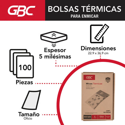 GBC Mica Térmica Semi-Rígida Tamaño Oficio, 5 mil, caja con 100 piezas. M130252