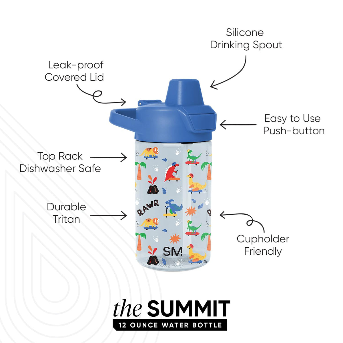 Simple Modern Botella de Agua para Niños de Plástico | con Tapa a Prueba de Fugas y Popote | Duradero para Niños Pequeños, Niños, Niñas | Summit Colección | 350ml | Rad Dino