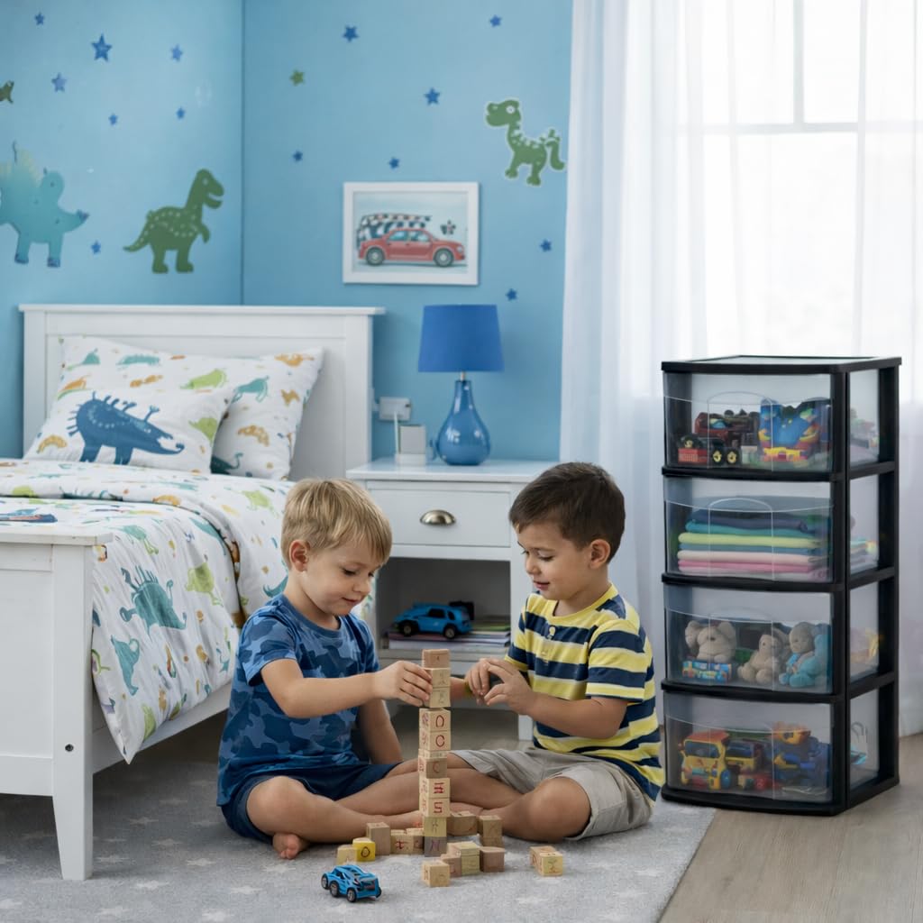 Italhome Cajonera FOX 4 de Plástico 4 Cajones Transparentes, Organizador Multiusos para Hogar y Oficina, Mueble Ligero Resistente, Fácil Limpieza, Color Negro