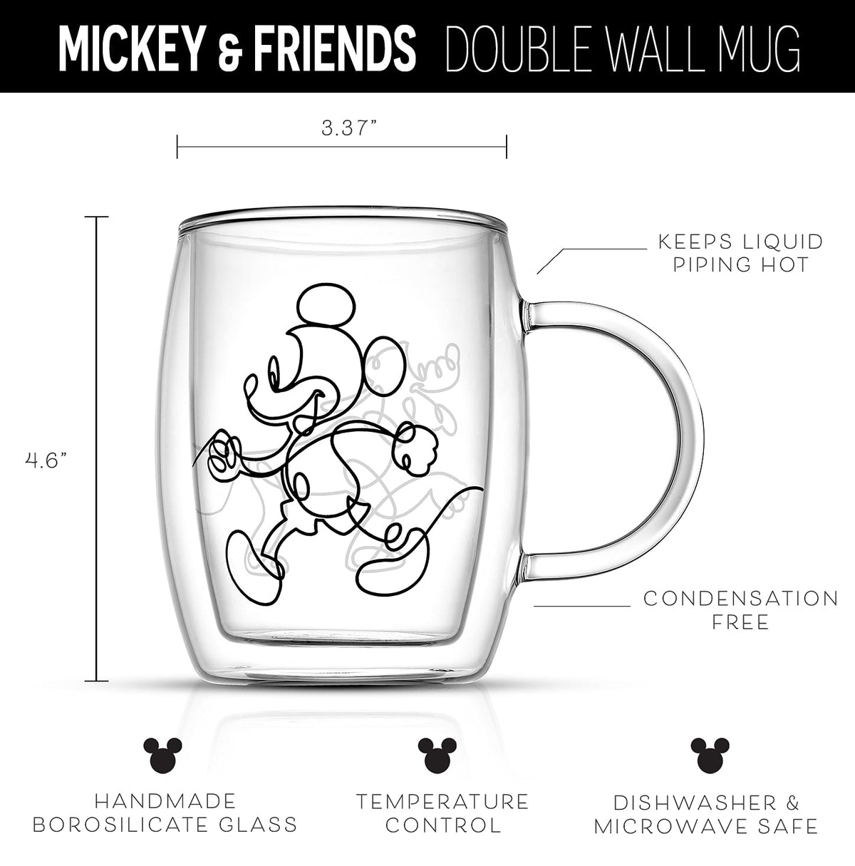 JoyJolt Aroma Disney Mickey Pluto Tazas Vidrio | Juego de 2 tazas, 13 oz, doble pared aisladas, vidrio borosilicato