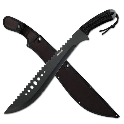 Jungle Master - Machete Jm-031B, Hoja Dentada Negra Invertida, Mango Negro Envuelto Con Cable, 21 Pulgadas En Total