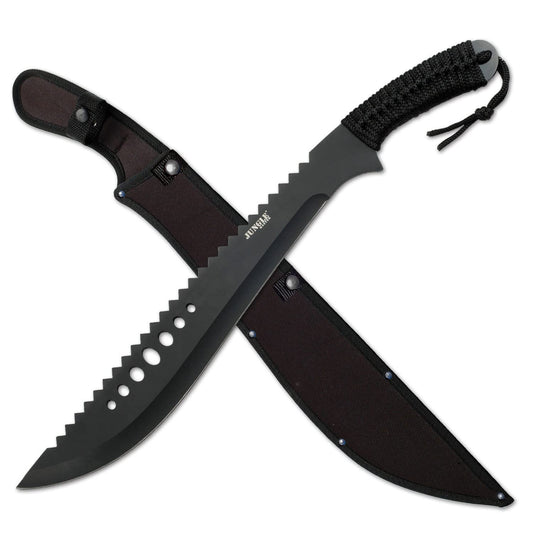 Jungle Master - Machete Jm-031B, Hoja Dentada Negra Invertida, Mango Negro Envuelto Con Cable, 21 Pulgadas En Total