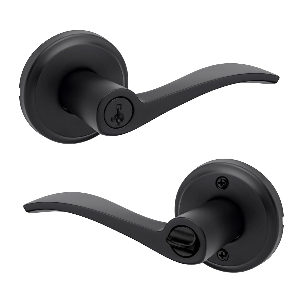 Kwikset Sedona - Manija de puerta de entrada con cerradura y llave, palanca reversible con llave segura, para entrada frontal y dormitorios, negro mate, resistente a las púas Smartkey Rekey Security y