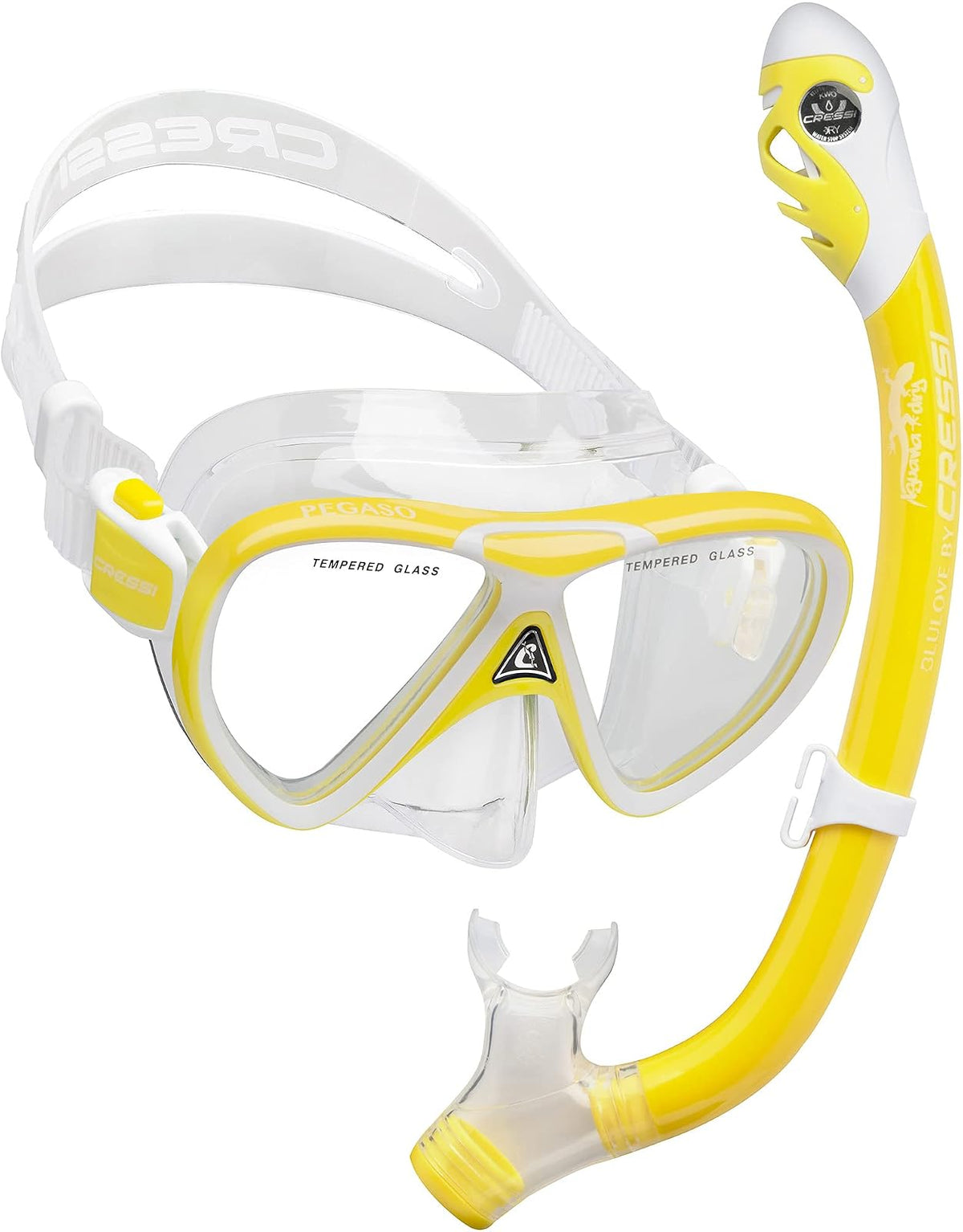 Cressi Juego de Silicona para esnórquel (máscara y esnórquel seco) para niños de 7 a 15 años | Pegaso e Iguana Dry: diseñado en Italia - Amarillo - Blanco