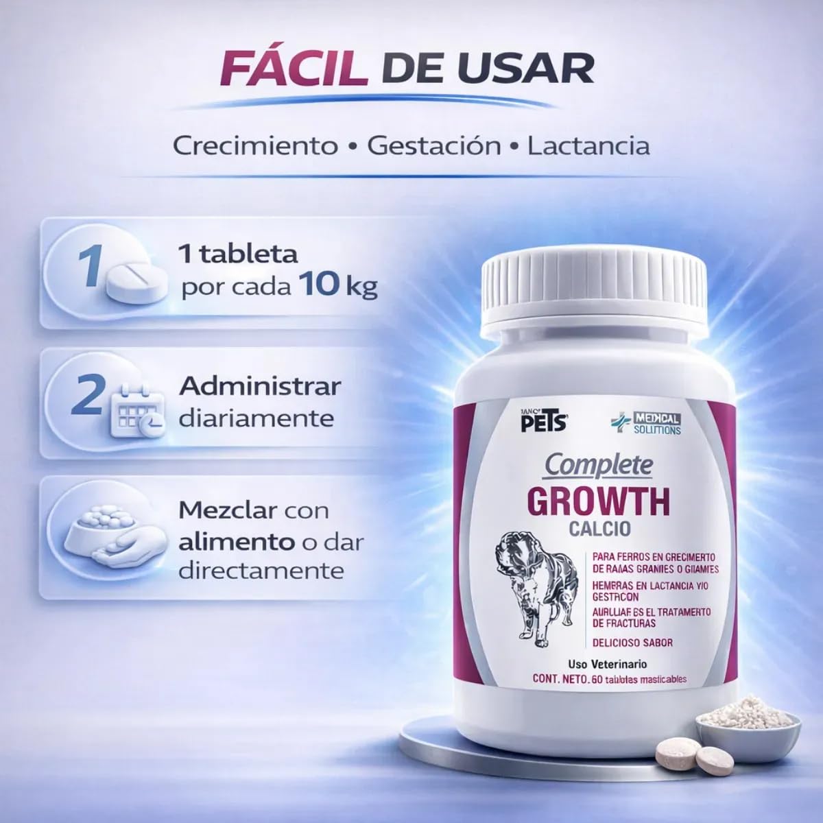 Fancy Pets MS Complete Growth Suplemento para Perros con Vitaminas, Minerales, Calcio, Fósforo y Omega 3 y 6 Tabletas Masticables 60 Tab