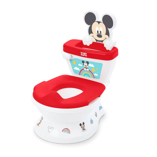 Bright Starts Baño Entrenador Bacinica 2 en 1 de Mickey Mouse, con sonidos de descarga realistas, asiento extraíble con protector contra salpicaduras, música, rojo, Unisex, a partir de 18 meses