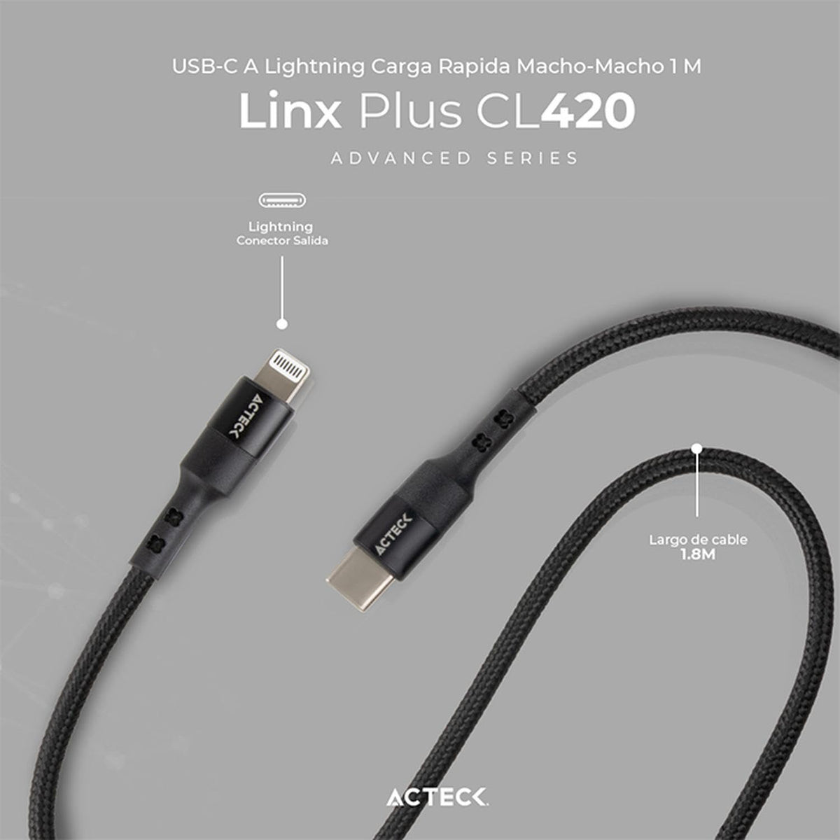 Cable USB C a Lightning Linx Plus CL420 / Carga Ultra Rápida + Hasta 27W 1Mt Nylon Trenzado + Macho a Macho Negro Advanced Series