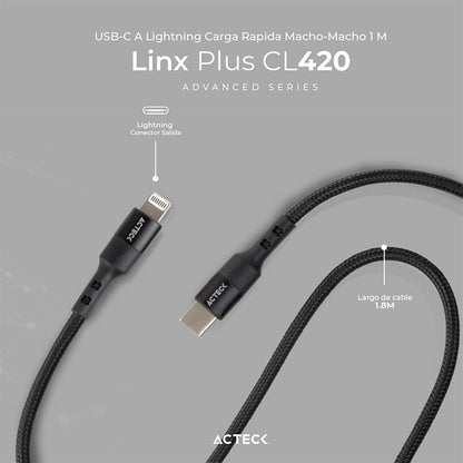 Cable USB C a Lightning Linx Plus CL420 / Carga Ultra Rápida + Hasta 27W 1Mt Nylon Trenzado + Macho a Macho Negro Advanced Series