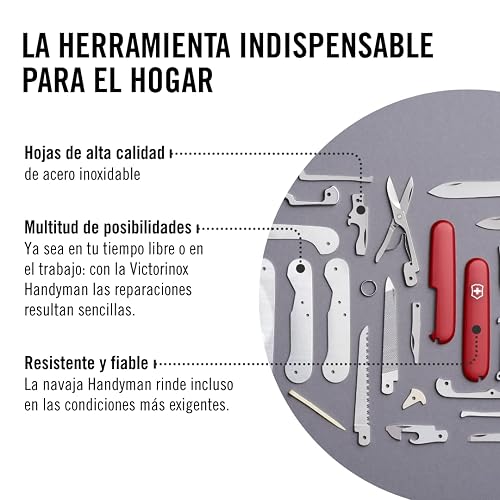 Victorinox Navaja Handyman, Roja, 24 Usos | Cuchillo de bolsillo para bricolaje y exterior con alicates, sierra para madera y metal, tijeras y cincel. Fabricado en Suiza