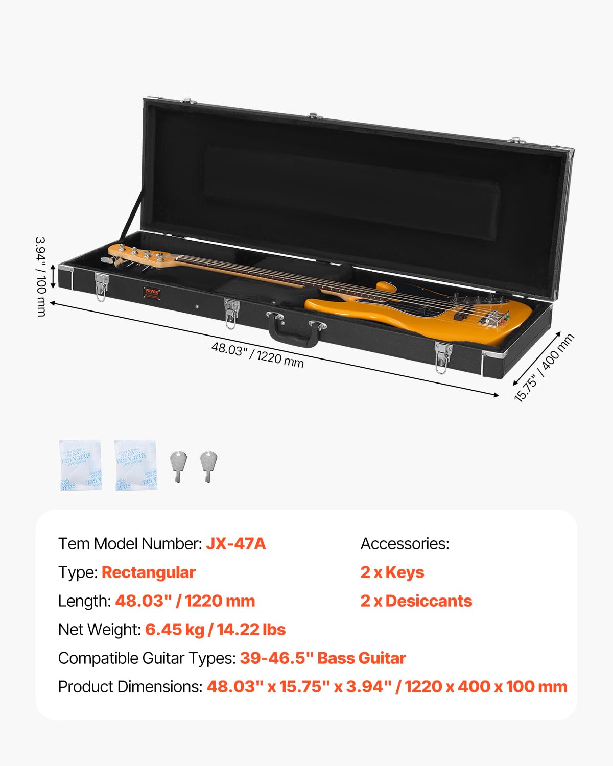 VEVOR - Funda rígida para guitarra de bajo, rectangular de 46.5 pulgadas, con cierre de llave, acolchado de PVC, forro suave, resistente al agua, funda rígida para guitarra de bajo de 39 a 46.5