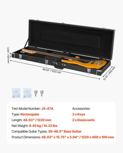 VEVOR - Funda rígida para guitarra de bajo, rectangular de 46.5 pulgadas, con cierre de llave, acolchado de PVC, forro suave, resistente al agua, funda rígida para guitarra de bajo de 39 a 46.5