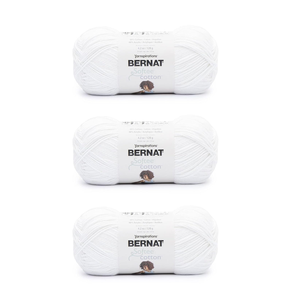Bernat Softee Cotton, Hilo de Algodón y Acrílico Peso DK - Blanco transparente - Paquete de 3