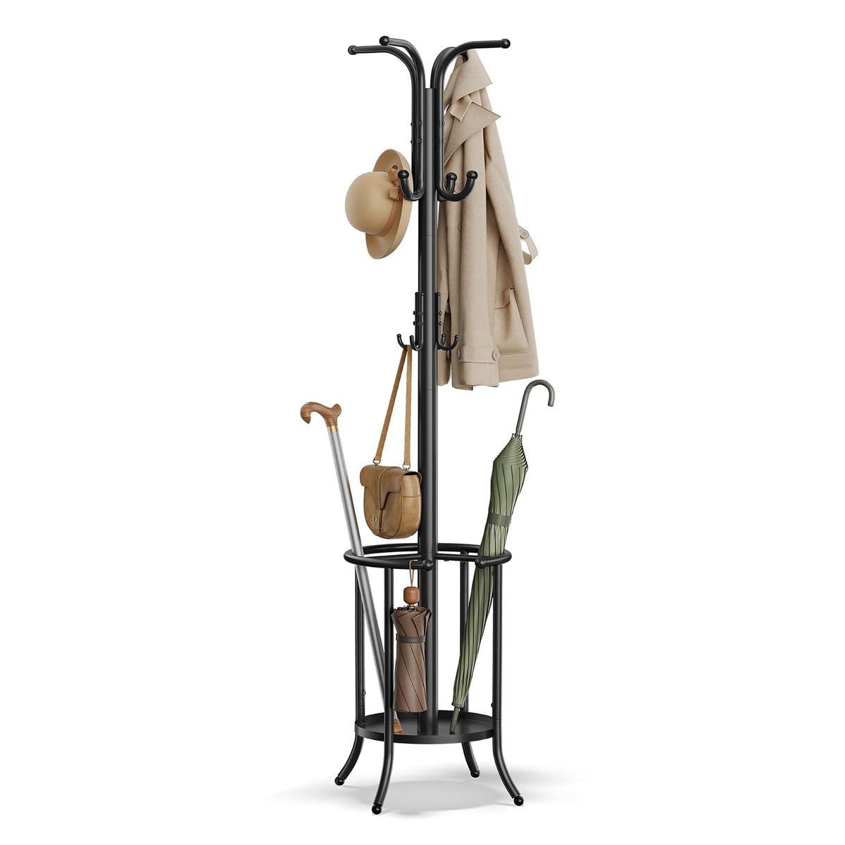 SONGMICS Perchero de Pie con 12 Ganchos y Porta Paraguas, Soporte Ajustable para Sala, Recámara y Pasillo, 30x30x175.5 cm MRCR011B01