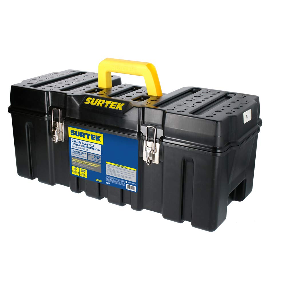 Surtek Caja Portaherramientas Plástica con Broches Metálicos - 26" x 10" x 10" - Tapa negra
