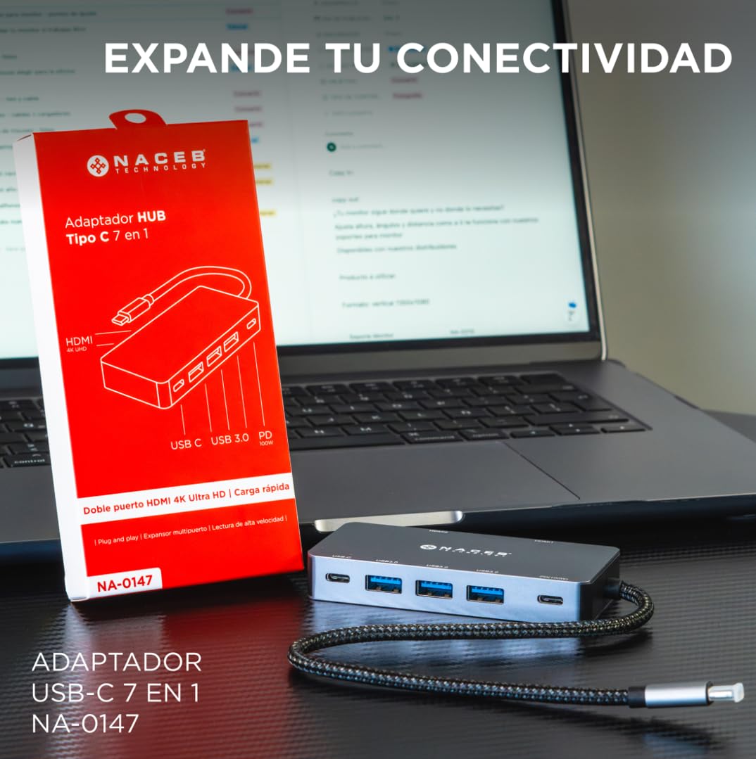 Naceb Technology HUB USB-C 7 en 1 Dual HDMI 4K, Adaptador Multipuerto con 100W PD Carga Rápida, 3 USB 3.0, 1 USB-C Datos 5Gbps, Estación de Acoplamiento para Laptop, MacBook, iPad y PC, Gris (NA-0147)