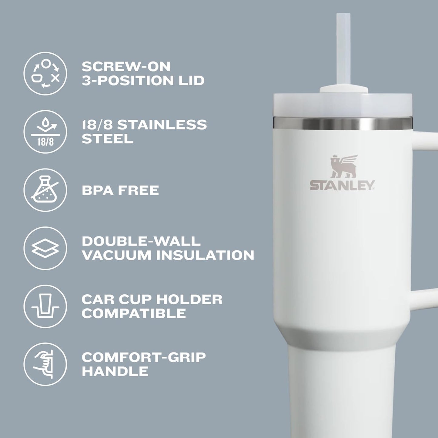 STANLEY - Vaso con asa y pajita de 30 onzas, tapa Flowstate de 3 posiciones, compatible para viajes, vaso de acero inoxidable aislado, sin BPA, escarcha
