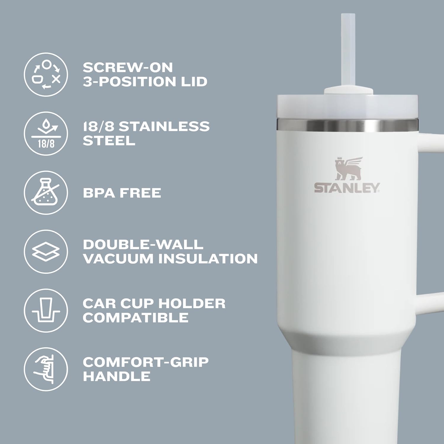 STANLEY - Vaso con asa y pajita de 30 onzas, tapa Flowstate de 3 posiciones, compatible para viajes, vaso de acero inoxidable aislado, sin BPA, escarcha