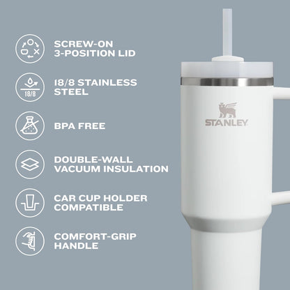 STANLEY - Vaso con asa y pajita de 30 onzas, tapa Flowstate de 3 posiciones, compatible para viajes, vaso de acero inoxidable aislado, sin BPA, escarcha