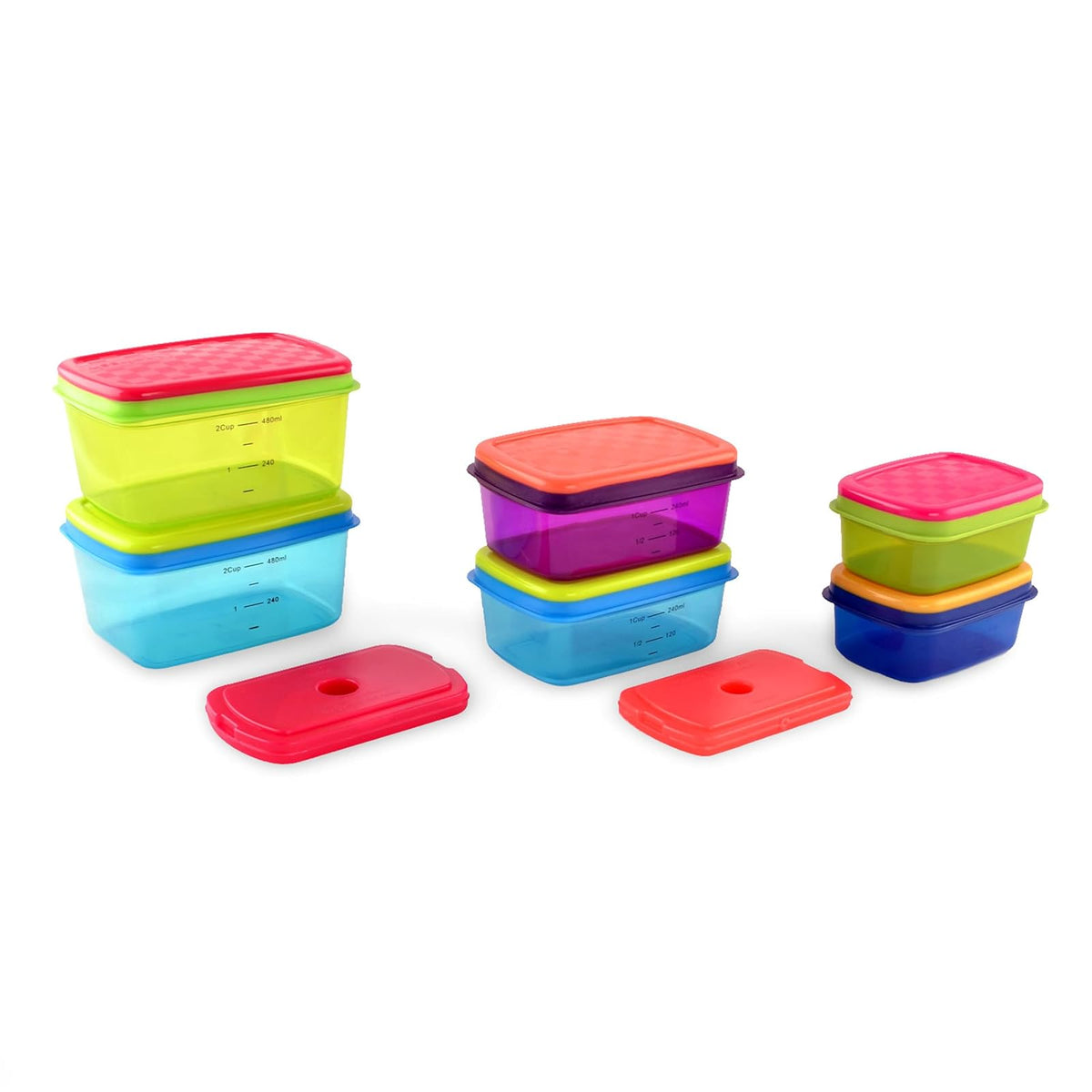 Fit & Fresh - Juego de almuerzo saludable para niños, 14 piezas con paquetes de hielo extraíbles, a prueba de fugas, sin BPA, control de porciones, multicolor