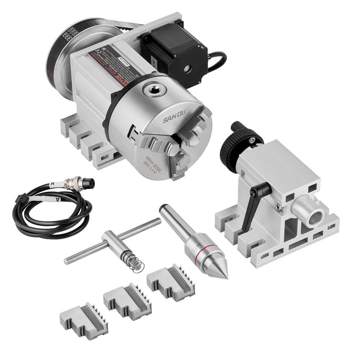 VEVOR Cabezal divisor, mandril de 3 mandíbulas K11-100 mm, fresadora CNC eje rotacional cabezal de indexación de eje A de 4 ° eje A, altura central de 65 mm, relación de engranaje 6:1, universal para