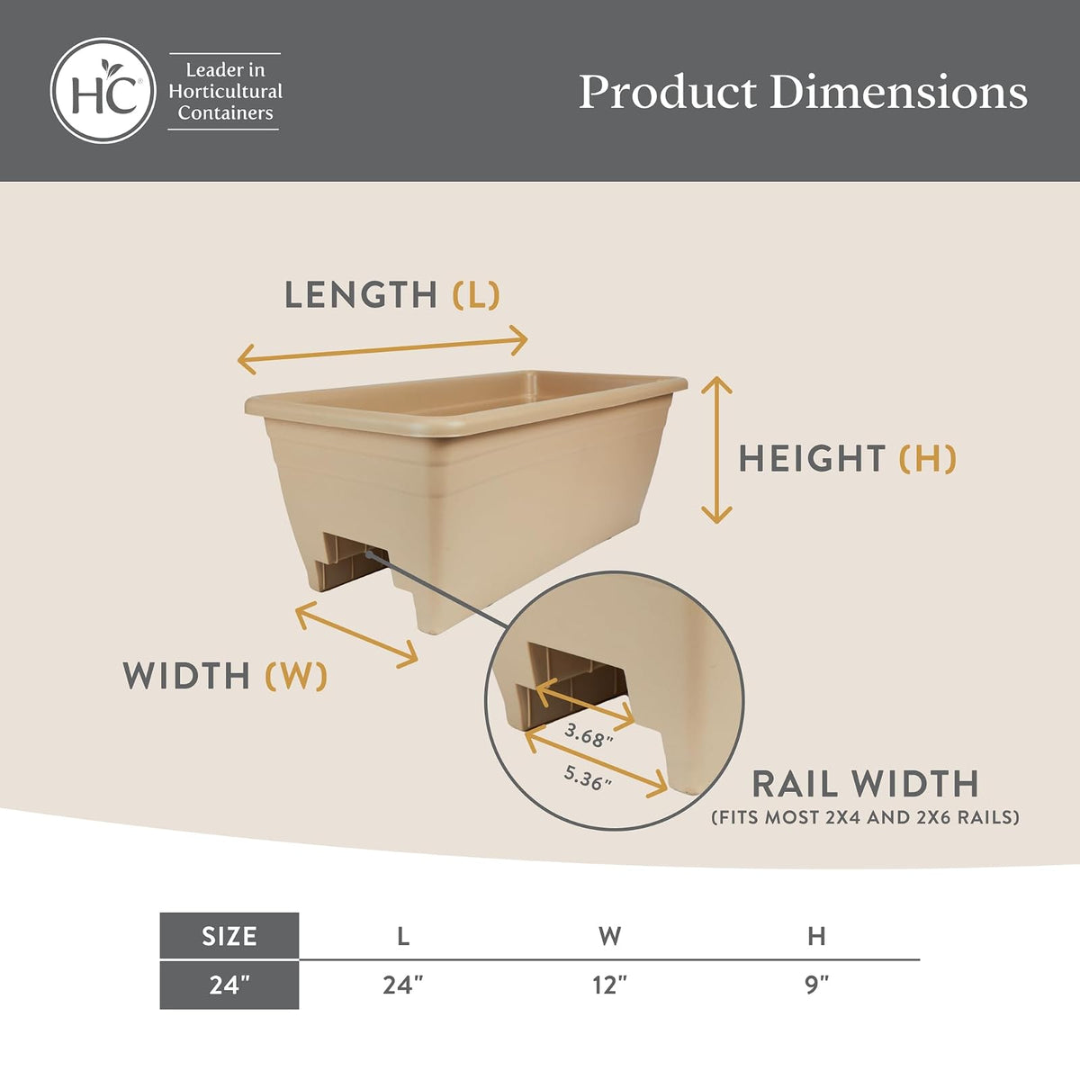 The HC Companies - Caja para macetas de 24 pulgadas con tapón de drenaje, macetas ligeras de plástico resistente a los rayos UV, 1 paquete de caja de flores para jardín, patio, balcón y cerca, gris