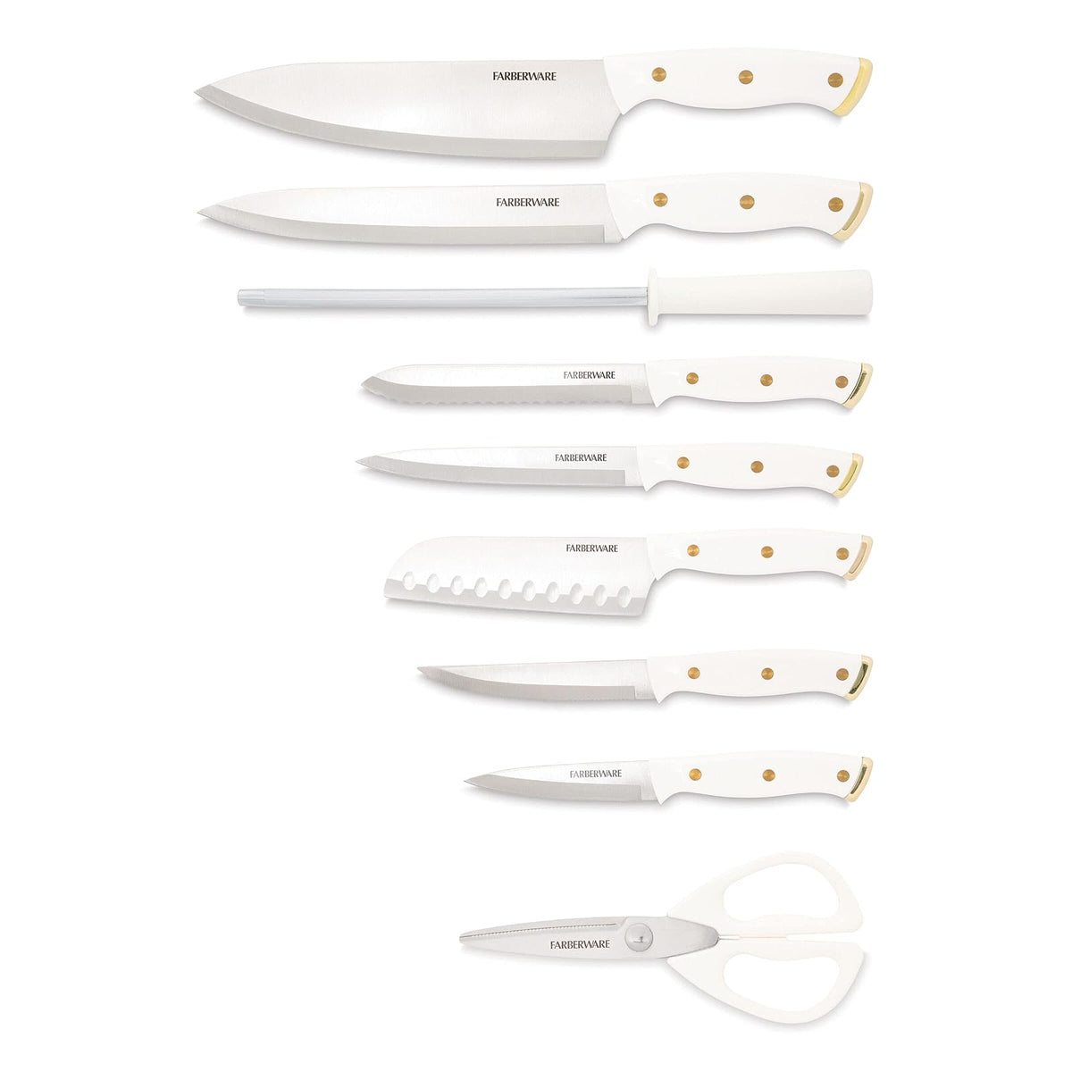 Farberware Juego de 15 cuchillos de triple remachado, cuchillos de cocina de acero inoxidable de alto carbono, juego de cuchillos afilados con bloque de madera, blanco y dorado